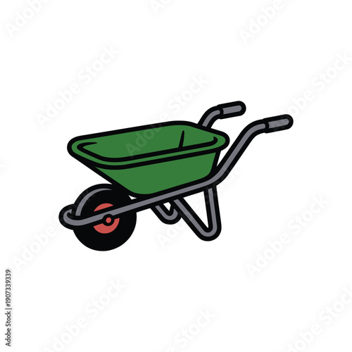 A green wheelbarrow with a black wheel and red hub on a white background