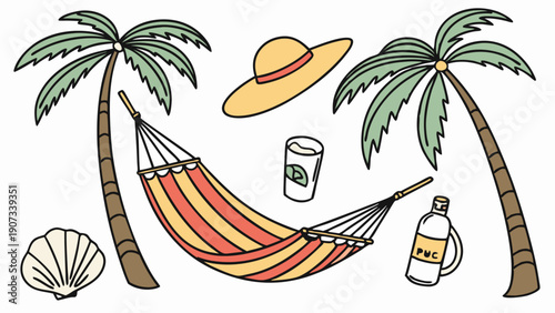 Tropical Vacation Summer Relaxation Scene with Palm Trees Hammock Sun Hat and Beach Items for Travel Advertising Web Design