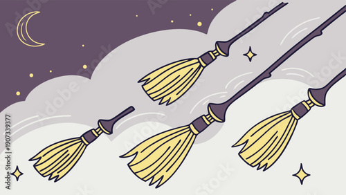 Four Witches Flying Brooms Across Night Sky for Halloween Magic Spells Seasonal Holiday Travel Fun