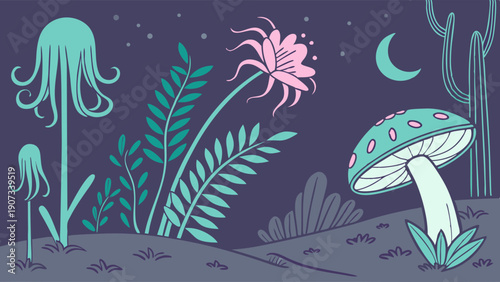 Mystical Night Landscape with Giant Fantasy Mushroom and Strange Flora for Eerie Website Background or Childrens Book Illustration Design
