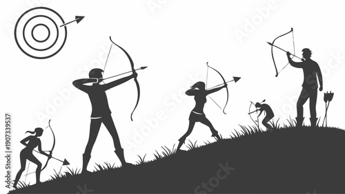 Archery Team Silhouette Climbing Hill Aiming Arrows at Target Goal Achievement Success for Sports Web Design or Training Material