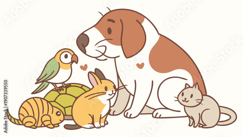 Diverse Cute Cartoon Pets Gathering Together Happy Animal Friends for Veterinary Clinic Web Design or Pet Care Blog Illustration