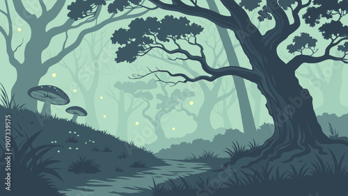 Enchanted Forest Landscape with Glowing Fireflies and Giant Mushrooms for Fantasy Game Background or Ethereal Website Design