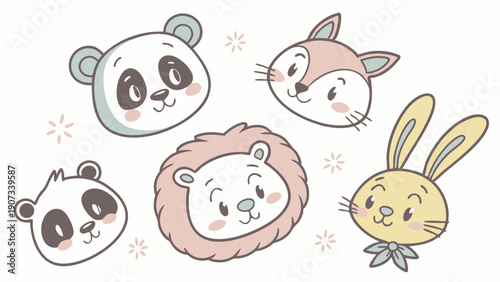 Cute Baby Animal Heads Set Panda Fox Lion Rabbit Nursery Decor Clipart for Kids Birthday Party Invitations and Printables