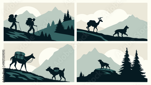 Mountain Trekking Adventure Silhouettes Hikers Backpacking Dogs and Pack Animals for Outdoor Travel Web Banners