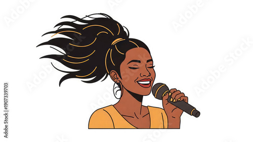 Smiling woman singing into microphone with flowing hair