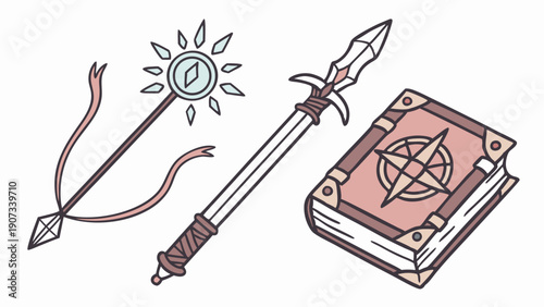 Magical Adventure RPG Game Items Set Staff Sword Grimoire for Fantasy Quest Design Assets