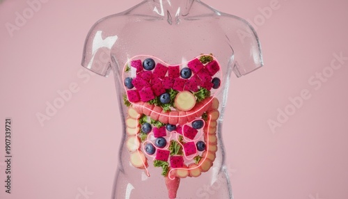 Transparent Human Body representing a healthy and clean body with healthy food