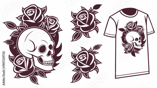 Gothic Skull and Roses Tattoo Design for T-Shirt Printing Apparel Merch Rock Biker Style Graphic