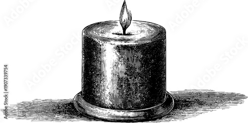 Vintage engraving of single ritual candle with upright flame and botanical accent