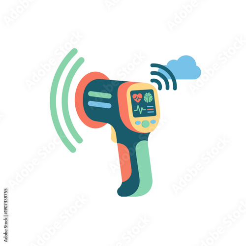 Smart Infrared Thermometer Vector. Flat Design Illustration of Contactless Digital Thermometer with Cloud Connectivity for Medical Diagnostics.