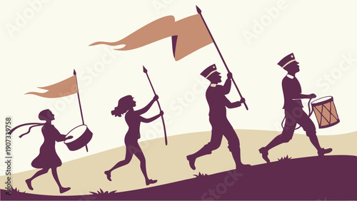 Silhouetted Marching Band Drumline with Flags Advancing Uphill for Parade or Celebration Event Design