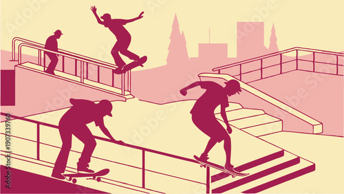 Dynamic Skateboarders Grinding Rails and Sliding Stairs in Urban Skatepark for Youth Sports Advertising and Lifestyle Web Design