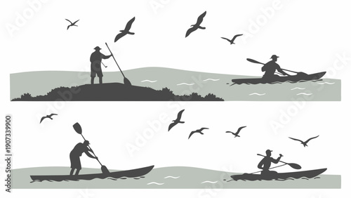 Kayaking and Fishing Silhouettes on Water for Outdoor Adventure Travel Tourism Recreation Design Elements