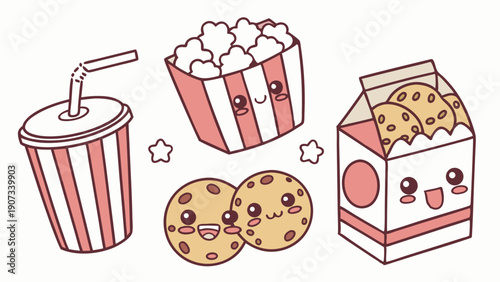 Kawaii Popcorn Soda Cookies Milk Carton Cute Food Icons for Snack Party Design Fun Youthful Treats