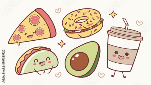 Cute Kawaii Food Icons Pizza Bagel Taco Avocado Drink for Cafe Menu Design or Happy Snack Blog Graphics