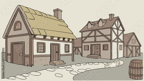 Rustic Medieval Village Scene with Thatched Roof Cottage and Timber Frame Building for Historical Game Asset or Fantasy Web Design Background