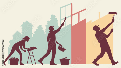 Silhouettes Of Workers Painting And Renovating Buildings Showing Urban Development And Improvement Progress
