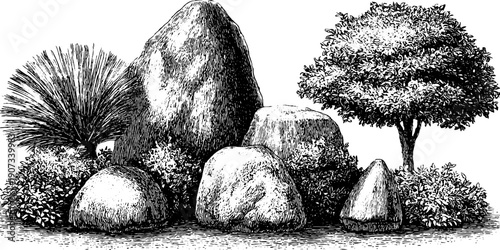 Abstract botanical and geometric stone sculpture design for vintage retro decor