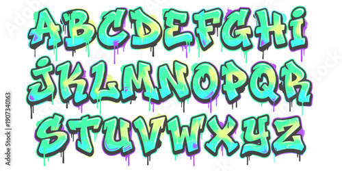 Graffiti style alphabet letters in vibrant green and purple spray paint with dripping effect, full abc set