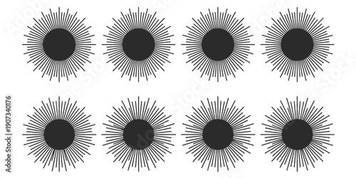 Set of eight abstract sunburst starburst graphic elements with radiating lines and a central black circle, black and white vector illustration