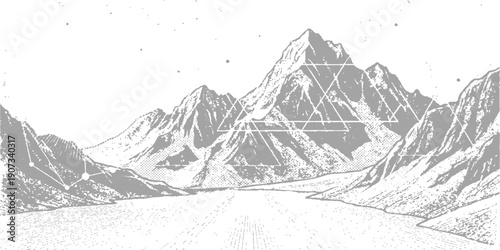 Dramatic monochrome mountain range landscape with geometric overlays and starry night sky, hand-drawn illustration style
