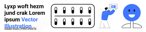 Character holding screen presenting video, pill blister pack, smiling face. Ideal for technology, healthcare, learning, presentation, medicine, communication simple landing page