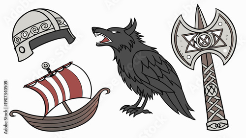 Viking Warrior Icons Set Norse Mythology Helmet Ship Raven Axe for Gaming History Website Design Adventure
