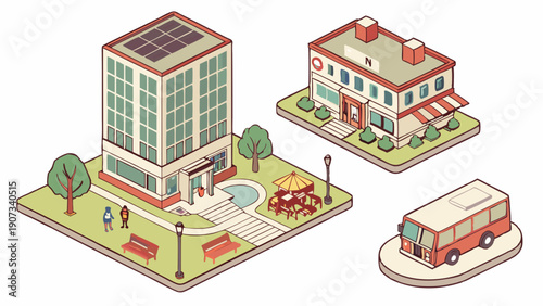 Isometric City Planning Elements Showing Modern Office Building Park Carousel and Transit Bus for Urban Development Design