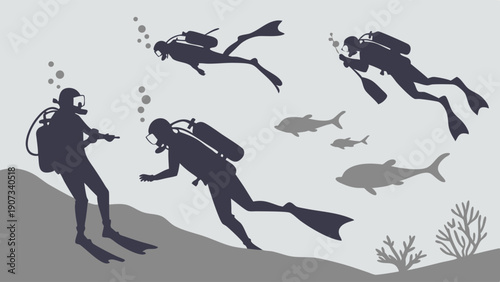 Scuba Divers Exploring Underwater Coral Reef with Tropical Fish Silhouettes for Adventure Travel Web Design and Ocean Exploration Projects