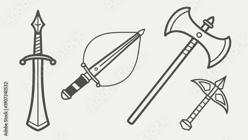 Medieval Weapon Icons Set Sword Axe Crossbow for Game Design RPG Assets Fantasy Adventure UI Elements