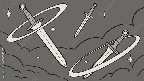 Magical Floating Swords Rotating in Dark Sky for Fantasy Game Design Epic Adventure Hero Power Victory