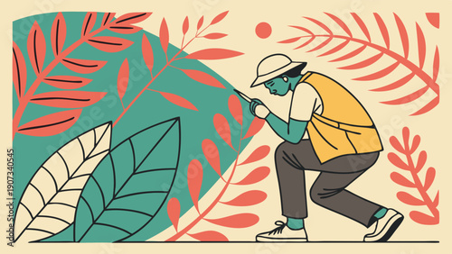 Botanist Researcher Examining Lush Tropical Foliage with Magnifying Glass for Ecology Research or Gardening Blog Design