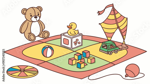 Colorful Children's Toys on Play Mat for Nursery Education Website Banner or Toddler Product Advertisement Design