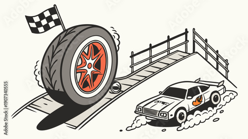 Giant Rolling Tire Races Past Race Car on Track Symbolizing Momentum Speed and Winning Success for Automotive Industry Growth