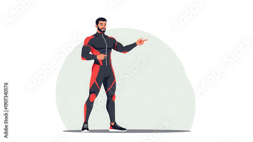 Man in red and black jumpsuit pointing forward confidently