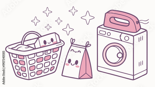 Cute Kawaii Laundry Day Scene Washing Machine Basket Detergent for Home Cleaning Website Graphics