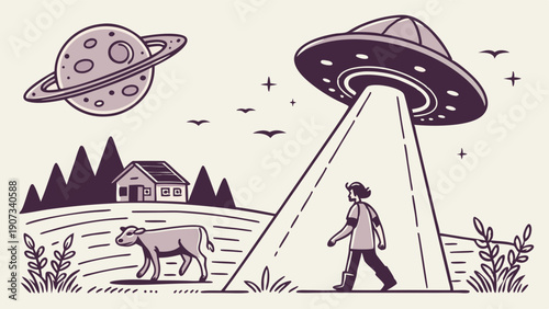 Alien Abduction Scene with UFO Beam Capturing Farmer and Cow in Rural Field for Sci-Fi Design Projects