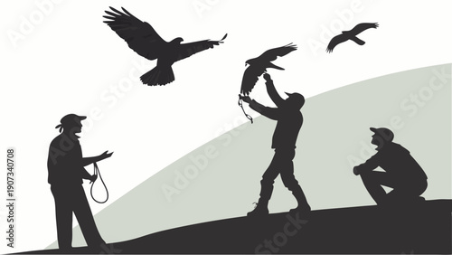 Falconry Training Silhouette Outdoors Showing Bird Handling and Wildlife Education for Adventure Tourism or Outdoor Sports Websites (177 characters)