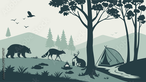 Rustic Forest Camping Scene with Wildlife Encounter Bear Raccoon Deer for Outdoor Adventure Travel Design