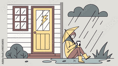 Woman with Umbrella Sits Outside Home Door During Heavy Rainstorm Holding Coffee Mug for Cozy Weather Relaxation and Shelter