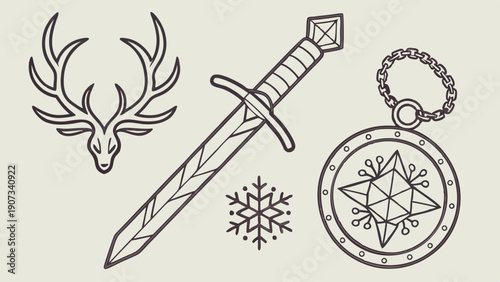 Medieval Fantasy Crest Elements Stag Sword Snowflake Amulet for Game Design RPG Branding Apparel Prints