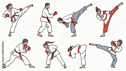 Dynamic Martial Arts Kicks and Stances Set for Fitness Training Website Design and Sports Instruction Manuals