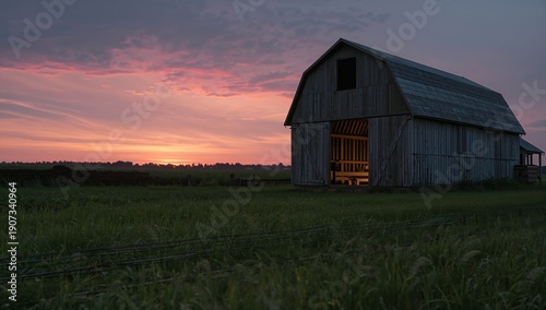 Sunset View of a Wooden Barn in a Rural Area With a Colorful Sky and Green Grass