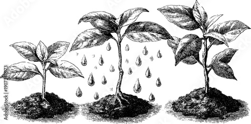 Spring allegory with rain and growth symbols in vintage botanical design