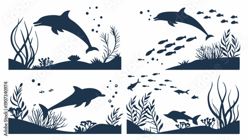 Dynamic Dolphin Silhouettes Underwater Scene for Ocean Life Education Marine Biology Web Design and Nature Brochures
