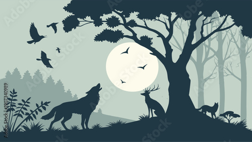 Mystical Night Forest Silhouette Scene with Howling Wolf Deer and Birds Under Full Moon for Wildlife Design