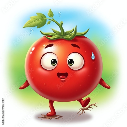 Adorable Stressed Tomato Character Stepping on Roots Illustration