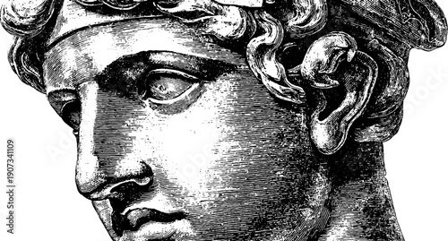 Simplified vintage statue with facial planes and botanical engravings - classical art design