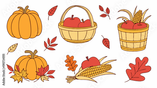 Autumn Harvest Icons Set Pumpkin Apple Corn Fall Leaves for Thanksgiving Greeting Card Web Design Holiday Promotion